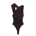 Sleeveless one-shoulder ruched bodysuit in dark brown with elegant pleated front detail - S / Brown