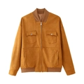 Detail of tan faux suede pilot jacket featuring metallic zipper and ribbed cuffs - S / Tan