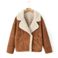 Detail view of brown suede jacket with white faux shearling lining and collar detail - S / Caramel color