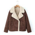 Close-up of the plush faux shearling lapel and soft suede texture on this winter jacket - S / Dark Brown
