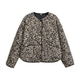 Detail of leopard print quilted jacket showing round neckline, size label, and black piping - S / Leopard Print