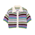 Macro detail of multi-colored striped knit sweater with white polo collar and buttons - Blue Striped Shirt