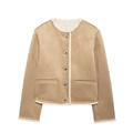 Close-up of khaki faux suede short jacket with white plush trim and silver buttons - XS / As Shown