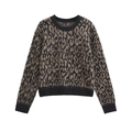 Jersey de punto con estampado de leopardo marrón clásico, cuello redondo negro y textura suave - S / Estampado de Leopardo