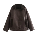Detailed view of deep brown faux suede jacket with black faux shearling lapel and pocket trim - S / Coffee