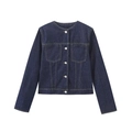 Detail of dark blue denim jacket featuring vintage silver buttons and contrast stitching - XS / Dark Blue