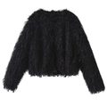 Primer plano de chaqueta de pelo sintético negro con borlas plateadas y detalles metálicos - S / Negro