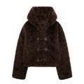 Dettaglio giacca in ecopelliccia marrone scuro con ampio cappuccio e alamari classici - XS / Marrone Scuro