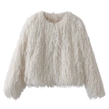 Detalle de chaqueta blanca de piel sintética con fibras largas y cuello redondo - S / Blanco
