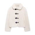 Detail der weißen Teddy-Jacke mit schwarzen Lederschnallen und Metallknöpfen nahaufaufnahme - XS / Weiß