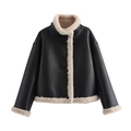 Detail einer schwarzen Lederjacke mit beigem Kunstpelzfutter und Plüschbesatz - M / Schwarz