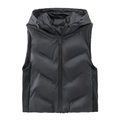 Close-up of black hooded puffer vest showing zipper detail and ribbed side panels - XS / Black