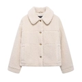 Detail of cream fleece jacket showing lapel collar, amber buttons, and fuzzy texture - XS / Off White