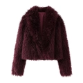 Detail of burgundy faux fur texture on a short coat with a large notched collar - S / Burgundy