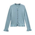 Lichtblauw gebreid vest met decoratieve ruches en een klassieke knoopsluiting aan de voorkant - S / Blauw