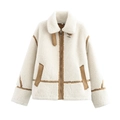 Detail der Lammfellimitat-Jacke mit braunem Lederbesatz und Kragenschnalle aus Metall - S / Off-White Patchwork-Stil (1:1 Version)