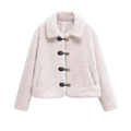 Detail of white faux shearling jacket featuring chic leather buckle straps and metal buttons - XS / Off White