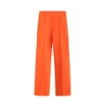 Macro detail of bright orange high-waisted wide-leg trousers with elegant front pleat - XS / Bottoms / Orange