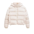 Gros plan détaillé de la doudoune beige à capuche avec cordon et fermeture éclair - XS / Blanc