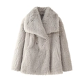 Close-up of light gray faux fur coat featuring a wide lapel and thick shaggy texture - XS / Light Gray