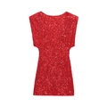 Detalle de lentejuelas rojas brillantes en vestido de fiesta sin mangas con textura - S / Rojo