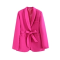 Blazer rose fuchsia pour femme avec col châle et ceinture nouée vue de face - XS / Ensemble Rose Vif
