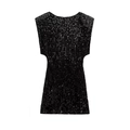 Detail of a sparkling black sequined mini dress with padded shoulders for party wear - Black