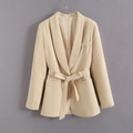 Elegant beige shawl collar blazer for women featuring a stylish waist tie and side pockets - XS / Tops / Beige