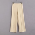 Elegant high-waisted beige wide-leg trousers with vertical pleats for women's office wear - XS / Bottoms / Beige
