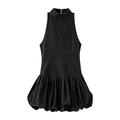 Detail view of dark grey denim balloon dress featuring a high neck and sleeveless design - S / Washed Black