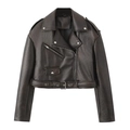 Chaqueta corta estilo motera para mujer en cuero PU marrón oscuro con cinturón - XS / Marrón Oscuro