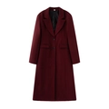 Detail view of wine red wool coat with notched lapel and two-button closure on white background - S / Burgundy