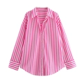 Detail of pink and white vertical striped long sleeve casual shirt with button-down collar - XS / Pink White Stripes