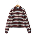 Primo piano del colletto polo e dell'etichetta del marchio interno della camicia a righe - S / A righe bordeaux blu bianco