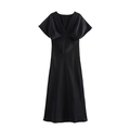 Close-up of elegant V-neckline and smooth satin fabric on a black midi dress - XS / Black
