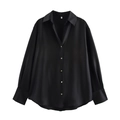 Elegant black satin long sleeve shirt for women with classic pointed collar and gold buttons - Black