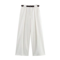 Pantalones blancos de talle alto y pernera ancha para mujer con cinturón delgado - S / Pantalón de Pierna Ancha