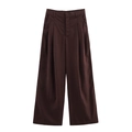 Detail van een donkerbruine wijde broek met hoge taille en elegante plooien - S / koffiekleur
