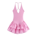 Detailed view of the halter neck tie and deep V-neckline of this pink ruffled summer dress - XS / Pink