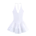 Detail of a white backless halter mini dress with a deep V-neck and ruffled layered skirt - XS / White