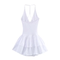 Detail view of white halter dress featuring V-neckline and crisscross back straps - White