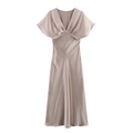 Elegant champagne satin midi dress featuring a deep V-neck and ruffled puff sleeves - XS / Champagne