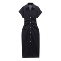 Short sleeve dark blue denim dress with button-up front and gathered waist details - XS / Navy Blue