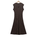 Detailed view of the dark brown V-neck dress featuring vertical pleat textures and fabric - XS / Dark Brown