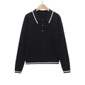 Pull Polo en maille noire pour femme avec rayures contrastées et boutons dorés - XS / Noir