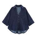 Camicia in denim blu scuro con orlo asimmetrico, bottoni dorati e maniche a tre quarti - S / Camicia in Denim