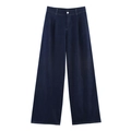 Pantaloni in denim da donna a vita alta blu scuro a gamba larga con pieghe frontali - S / Pantaloni di Denim a Gamba Larga