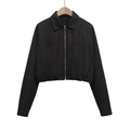 Detail of black zip-up cropped jacket featuring lapel collar and elastic waistband hem - XS / Black