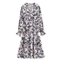 Bloemenprint jurk met V-hals, lange mouwen en tailleband in wit en blauw - S / Wit met blauwe bloemen