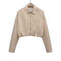 Women's cropped beige windbreaker jacket with lapel collar and zip-up front closure - XS / Beige
